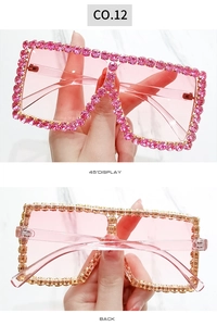Detail view of pink rhinestone square sunglasses for kids and women in a trendy style