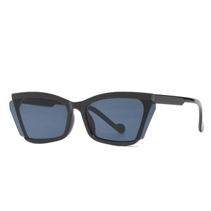 Chic cat eye sunglasses with black frame and blue lenses shown from a 45-degree angle