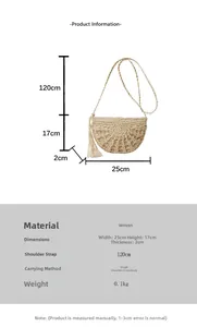 Detailed size chart for straw shoulder bag with 25cm width and 120cm strap dimensions
