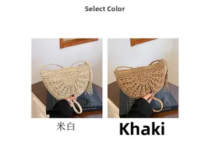Detail view of off-white and khaki straw bags with bohemian tassels and woven straps