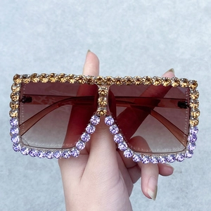 Sparkly rhinestone oversized square sunglasses with brown gradient lenses for women