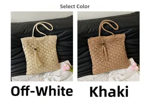 Detail view of woven shoulder bags in cream and khaki with fringe tassels and wood beads