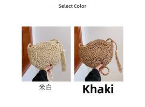 Detail of round woven straw bags with tassels in beige and khaki color options
