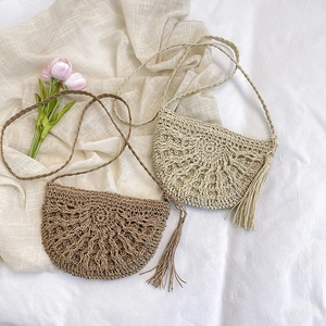 Straw Woven Crossbody Bag Hollow Out Tassel Half Moon Handmade Bohemian Summer Beach Vacation Shoulder Purse For Women