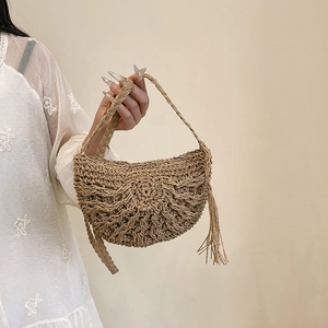2025 trendy hollow straw shoulder bag with woven tassels and bohemian style pattern