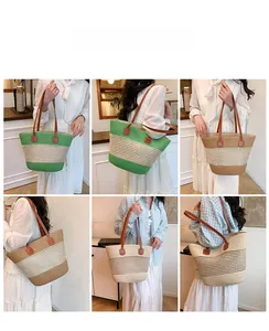 Detail of hand-woven striped tote bag with brown leather handles for beach vacation