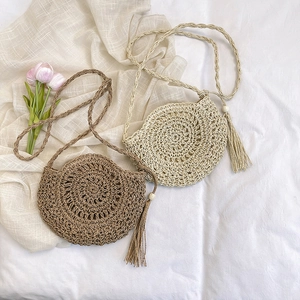 Round Straw Woven Crossbody Bag Handcrafted With Tassel Wood Bead Summer Beach Bohemian Style For Women