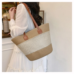 Detail of the woven texture and striped design on this large summer beach tote bag