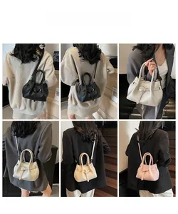 Collage of leather handbags in black, silver, beige and pink shown on a model