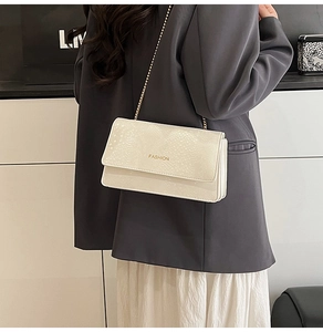 Close-up of beige snake-embossed leather bag with gold chain and Fashion engraving