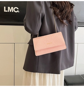 Detail of pink snakeskin crossbody bag with golden chain strap and fashion lettering