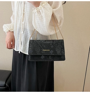 Detail of black snake pattern texture and gold chain on the fashionable crossbody bag