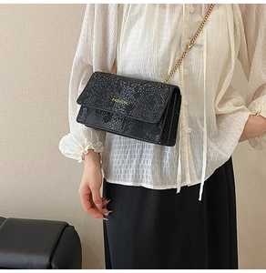 Detail of black snakeskin texture shoulder bag with gold chain strap and accordion design
