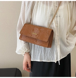 Detail view of brown snakeskin leather crossbody bag with gold chain and FASHION logo