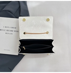 Detail of white snakeskin texture chain bag showing dual compartments and magnetic closure