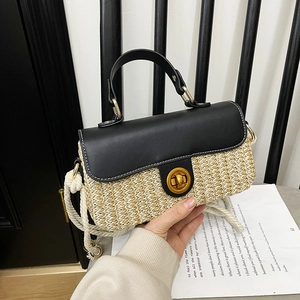Elegant beige woven square bag with black leather flap and gold metal twist lock closure