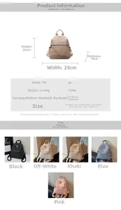 Size chart showing PU leather backpack dimensions 26x25x14cm and color options