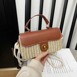 Straw woven square handbag with brown leather flap and round gold lock for summer