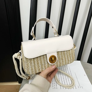 Mini woven crossbody bag with beige leather flap and gold twist lock for summer style
