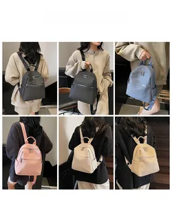 Collage of mini nylon backpacks in five pastel colors shown on model in stairwell