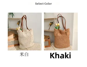 Select color view of cream and khaki crochet tote bags with brown leather handles