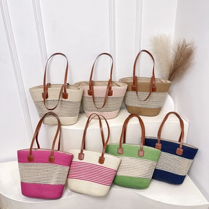 Large Capacity Straw Woven Tote Bag Striped Pattern PU Leather Handles Zipper Closure Summer Beach Vacation Casual For Women