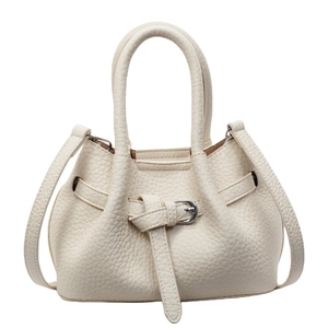 Chic beige lychee grain leather handbag with silver buckle and crossbody strap for women