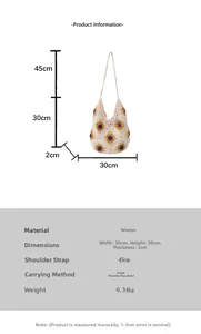 Spécifications détaillées du sac à bandoulière en paille avec motif de tournesol