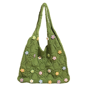 Sac fourre-tout en tricot vert avec fleurs 3D colorées et grande capacité de rangement