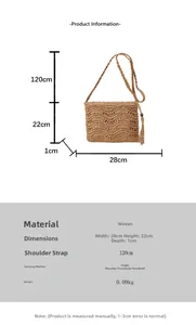 Detailed dimension guide for woven envelope crossbody bag with tassel and strap measurements