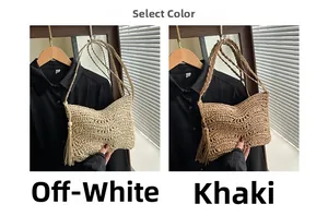 Detail of woven straw bags in beige and khaki featuring long tassels and wooden beads