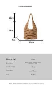 Detailed size specifications for the brown woven shoulder bag with 36cm handle height