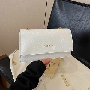 White snakeskin crossbody bag with gold fashion text and elegant metal chain strap