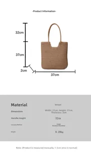 Detailed size specifications for handmade woven tote bag measuring 37x37cm with 32cm handle