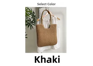 Detail of khaki hand-woven tote bag with textured knit pattern for summer beach use