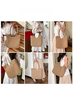 Detailed views of handmade woven straw tote bag showing different shoulder and hand-carry styles