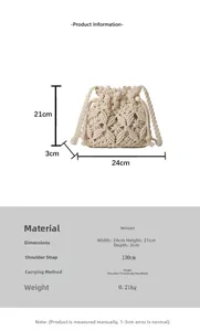 Detailed size specifications for beige woven drawstring bucket bag with dimensions and strap info