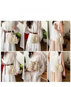 Six views of a beige hand-woven drawstring bag showing shoulder and crossbody styling
