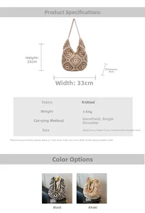 Detailed size parameters and crochet texture of the handmade floral knit shoulder bag