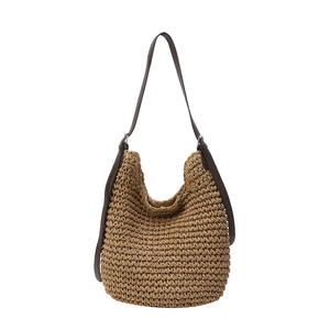 Minimalist large woven shoulder bag in khaki with brown leather straps for summer outings