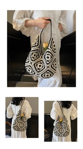 Detail of handmade crochet floral tote bag in black and white woven pattern