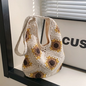 Sac Cabas Au Crochet Tournesol Coton Tissé À La Main Sac À Épaule Bohème Été Plage Décontracté Pour Femmes