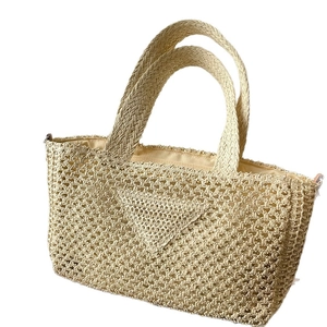 Minimalist beige woven straw tote bag with large capacity and triangular patch design