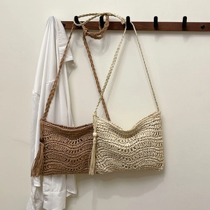 Summer Straw Woven Crossbody Bag With Wave Texture Tassel Wood Bead Bohemian Vacation Small Shoulder Purse For Women