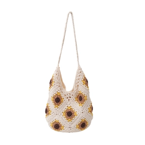 Sac fourre-tout au crochet avec motif tournesol et bandoulière en maille blanc crème