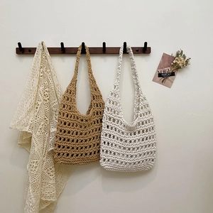 Woven Shoulder Bag Crochet Cotton Rope Hollow Out Grid Mesh Tote Casual Boho Summer Beach Handbag For Women
