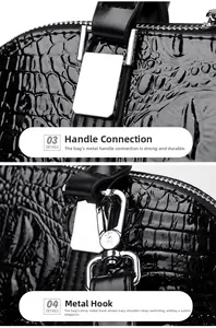 Details von schwarzem Kroko-Leder und glänzenden silbernen Metallhaken der Tasche