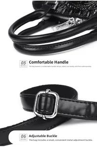 Detail einer schwarzen Handtasche mit Krokostruktur, Rundgriffen und silberner Schnalle