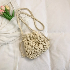 Handmade Woven Bucket Bag For Women Bohemian Macrame Hollow Out Floral Pattern Drawstring Shoulder Crossbody Vacation Casual