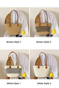 Detailed grid view of woven tote bags featuring pearl buckles and brown leather straps